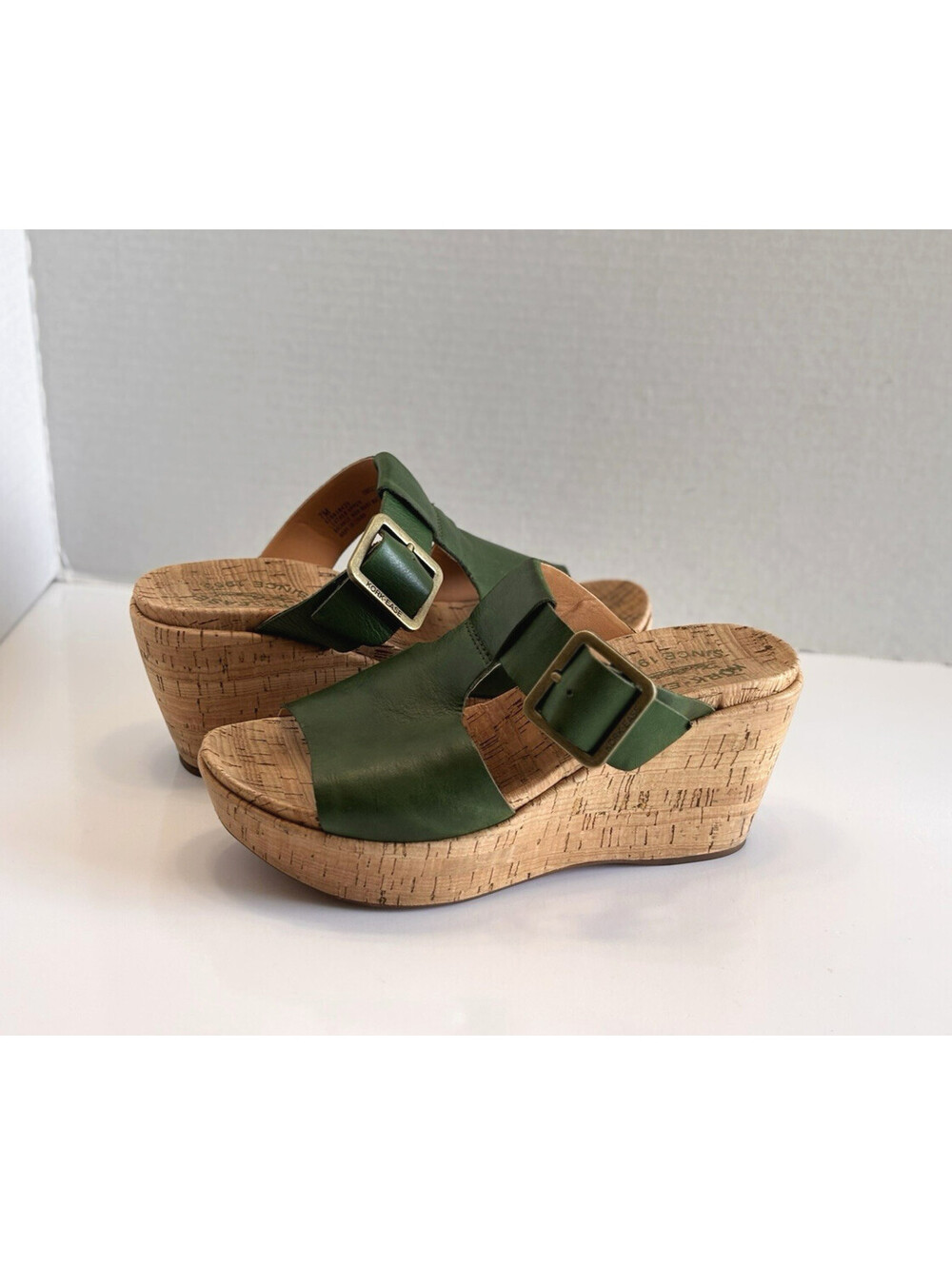 Kork-Ease Andi Platform Wedge Sandal Women's Green Leather 7M Cork Strap Buckle